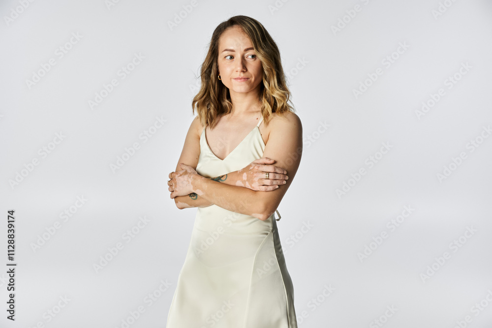 Young woman with vitiligo stands gracefully in a well lit studio, showcasing her beauty. Young woman with vitiligo stands gracefully in a well lit studio, showcasing her beauty.