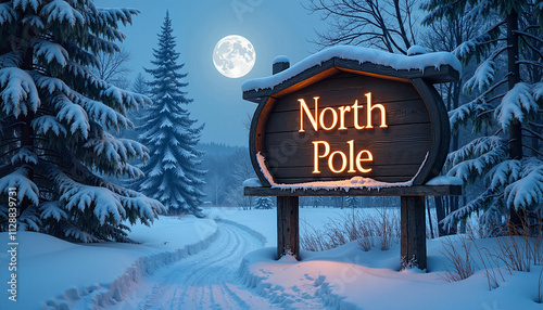 North Pole sign illuminated by moonlight in a snowy landscape at night