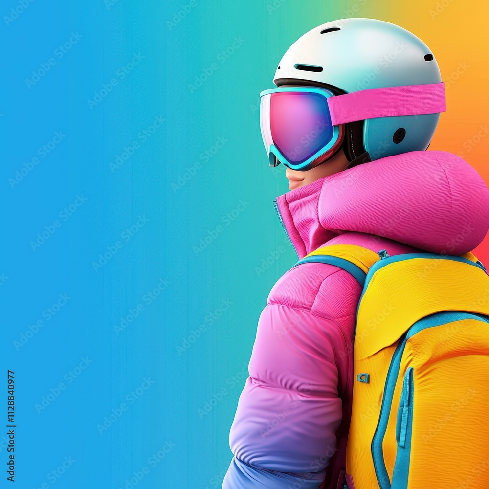 A person wearing a pink, yellow, and blue jacket A person wearing a pink, yellow, and blue jacket