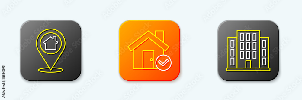 Set line Location with house, House check mark and icon. Vector Set line Location with house, House check mark and icon. Vector