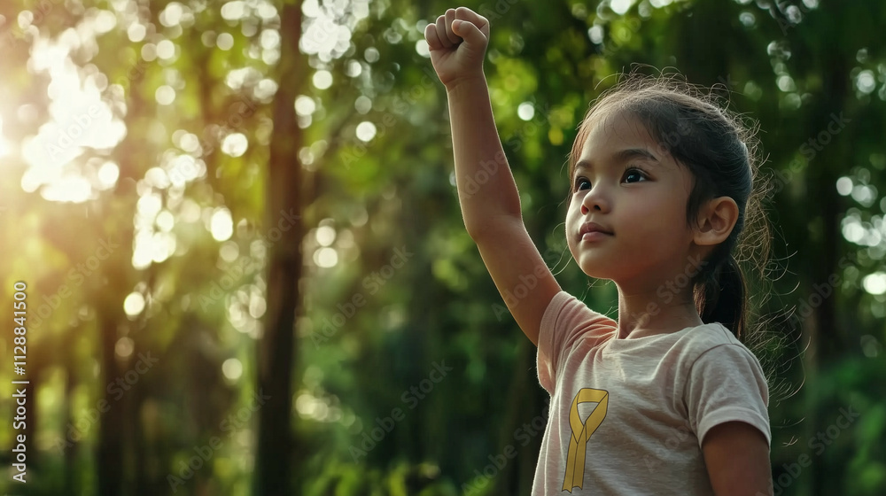 Brave child raising a fist in victory over cancer wearing a yellow ribbon t-shirt in warm sunlight

