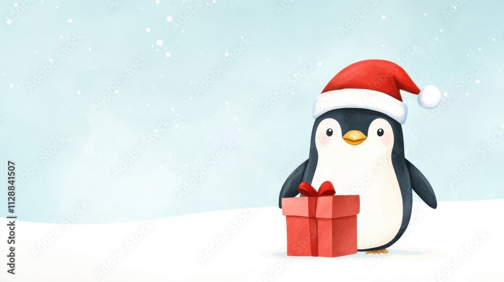 Adorable Penguin in Santa Hat Holding Red Gift Box Against Soft Winter Background with Falling Snowflakes Adorable Penguin in Santa Hat Holding Red Gift Box Against Soft Winter Background with Falling Snowflakes