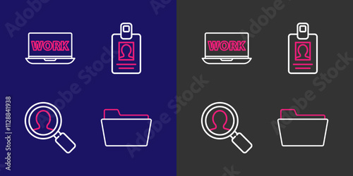 Set line Document folder, Magnifying glass for search people, Identification badge and Laptop with text work icon. Vector