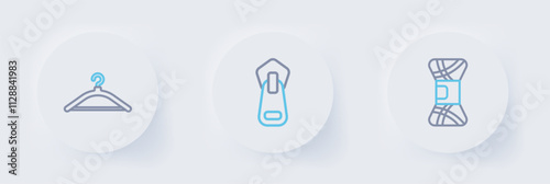 Set line Yarn, Zipper and Hanger wardrobe icon. Vector