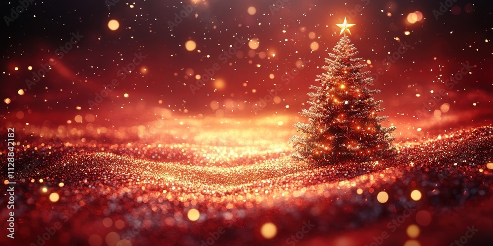 Naklejka premium Christmas Tree with Bokeh, Red & Gold Backdrop for Holiday Marketing