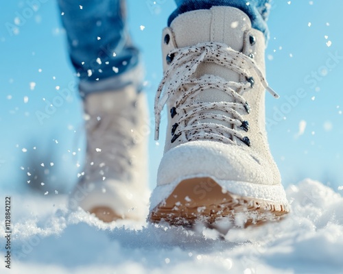 Winter Adventure Close-Up Boots Treading Through Fresh Snowflakes