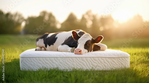 dairy cow lying on thick white memory foam mattress