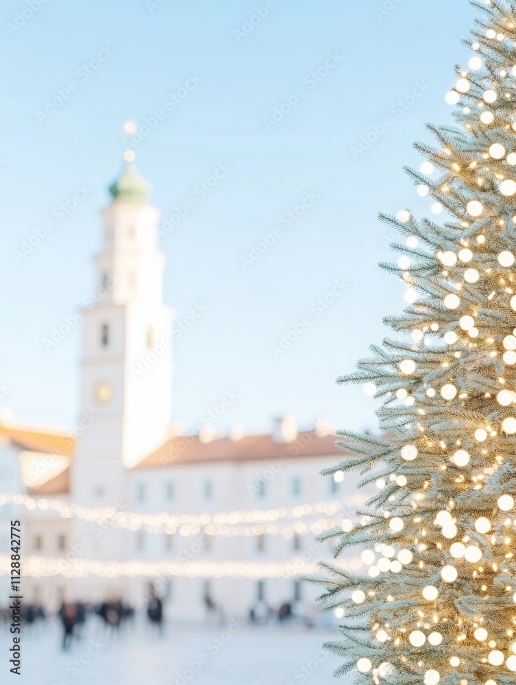 Obraz premium Festive European Town Square with Christmas Tree and Holiday Lights