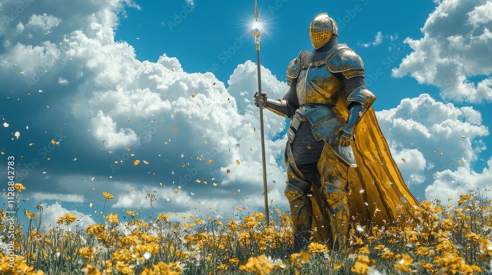 Majestic Knight in Shining Armor Standing Among Vibrant Yellow Flowers Under a Dramatic Cloudy Sky Majestic Knight in Shining Armor Standing Among Vibrant Yellow Flowers Under a Dramatic Cloudy Sky