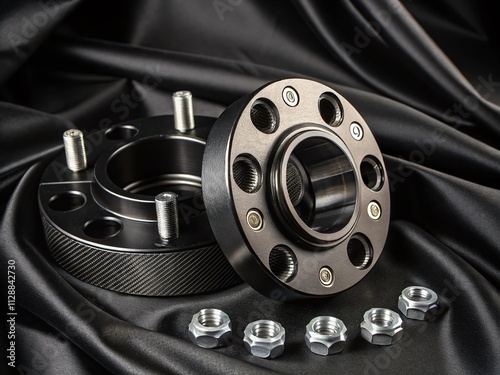 Close-Up of a New Stainless Black Metal Remote Adapter Spacer Wheel Hub for Automotive Parts on a Sleek Black Background, Showcasing Precision Engineering and Modern Design photo