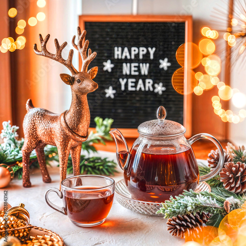 A sign with the inscription Happy New Year, a deer, a golden bouquet on the table and a teapot with tea on the table in the home interior of the living room. A cozy concept of a holiday and winter.
