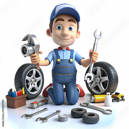 A Cartoon Mechanic Kneeling with Tools and Tires.