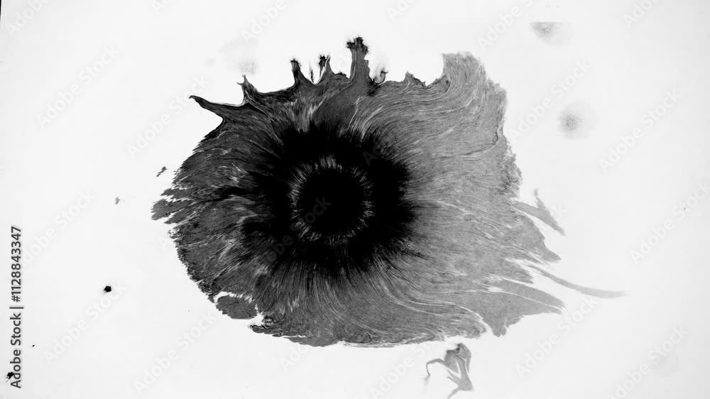 An animation of a black ink blot expanding and spreading on a white background, creating an abstract and dynamic visual effect.