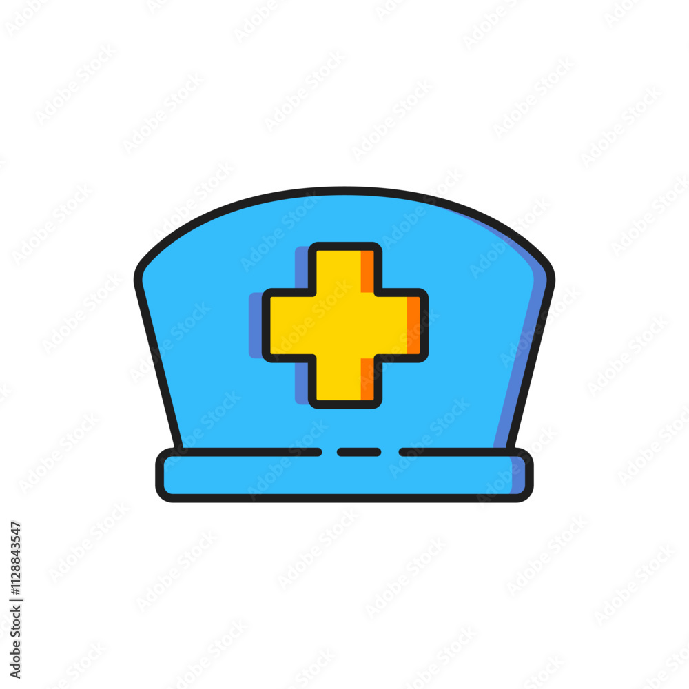 Color Nurse hat with cross icon isolated on white background. Medical nurse cap sign. Flat filled outline style with shadow. Vector Color Nurse hat with cross icon isolated on white background. Medical nurse cap sign. Flat filled outline style with shadow. Vector