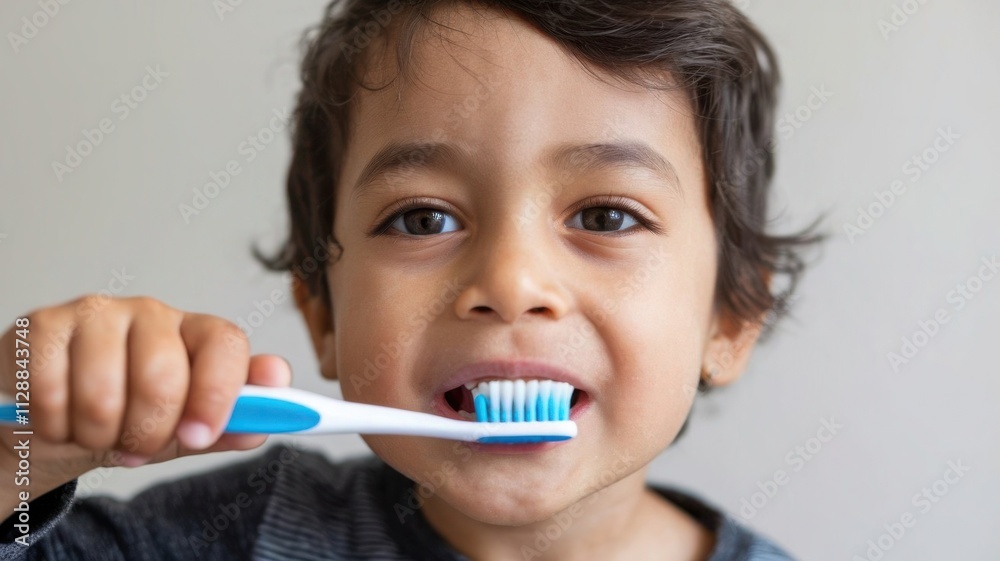 Young Boy Promoting Healthy Teeth and Oral Hygiene with Brushing Routine Kid Brushing Teeth on a Plain Background, Advocating Healthy Oral Care Practices Young Boy Promoting Healthy Teeth and Oral Hygiene with Brushing Routine Kid Brushing Teeth on a Plain Background, Advocating Healthy Oral Care Practices