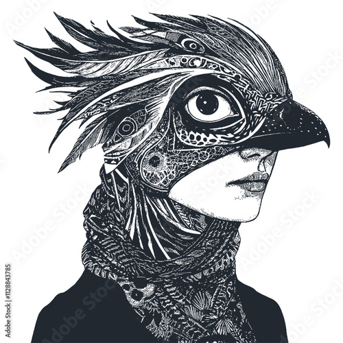 A stylized vector illustration of a human figure with a bird's mask in a decorative engraving style.