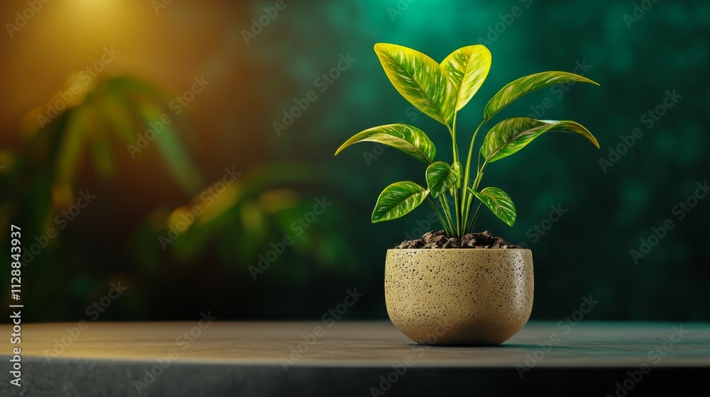 Healthy potted plant in a decorative pot on a table illuminated by soft lighting, creating a calming atmosphere in an indoor setting Healthy potted plant in a decorative pot on a table illuminated by soft lighting, creating a calming atmosphere in an indoor setting