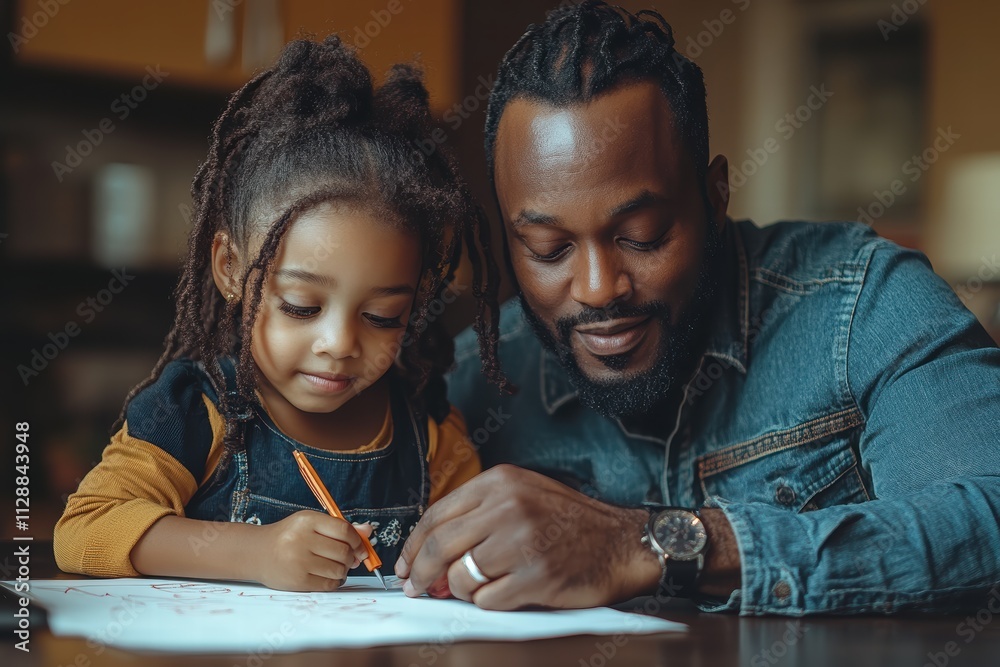 Father helps daughter with homework in cozy home setting during afternoon Father helps daughter with homework in cozy home setting during afternoon