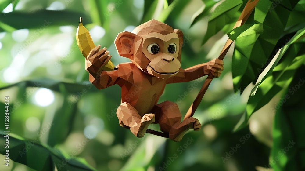 Fototapeta premium A playful low-poly monkey holds a banana while swinging on a branch amidst lush greenery.