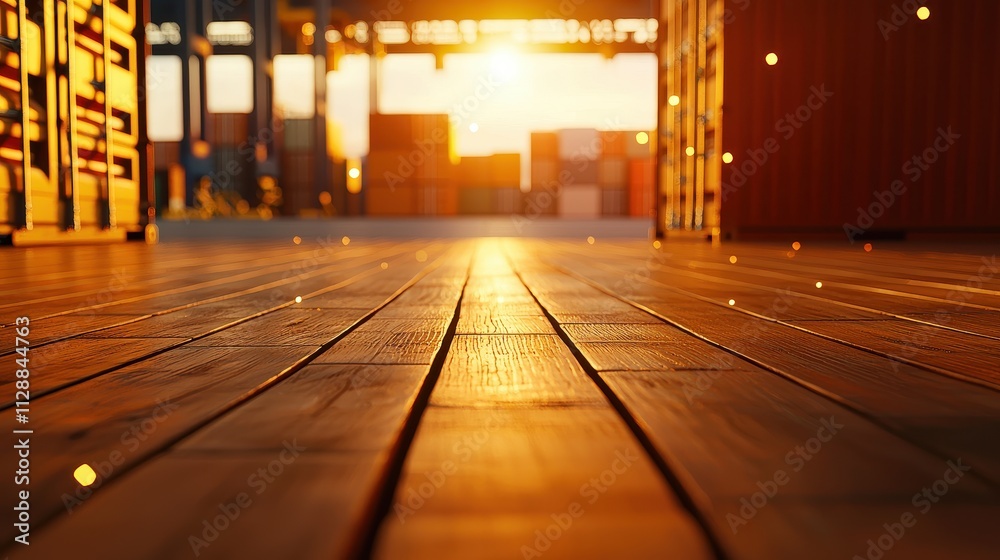 Illuminated Wooden Floor at Sunset in Shipping Warehouse with Containers in Background