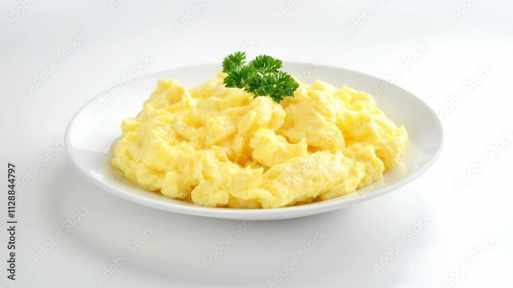 Fluffy scrambled eggs served on a white plate placed on a white table Fluffy scrambled eggs served on a white plate placed on a white table