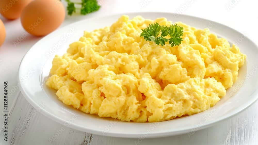 Fluffy scrambled eggs served on a white plate placed on a white table Fluffy scrambled eggs served on a white plate placed on a white table