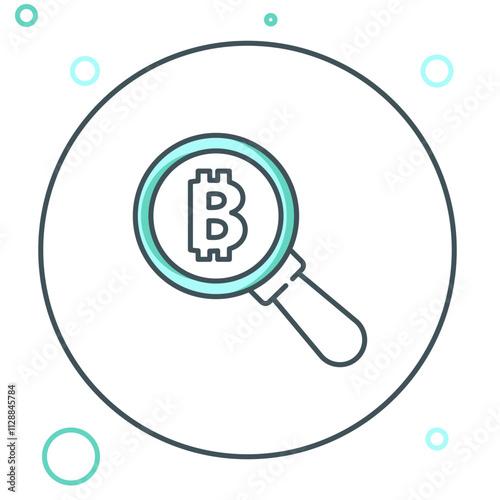 Line Magnifying glass with Bitcoin icon isolated on white background. Physical bit coin. Blockchain based secure crypto currency. Colorful outline concept. Vector