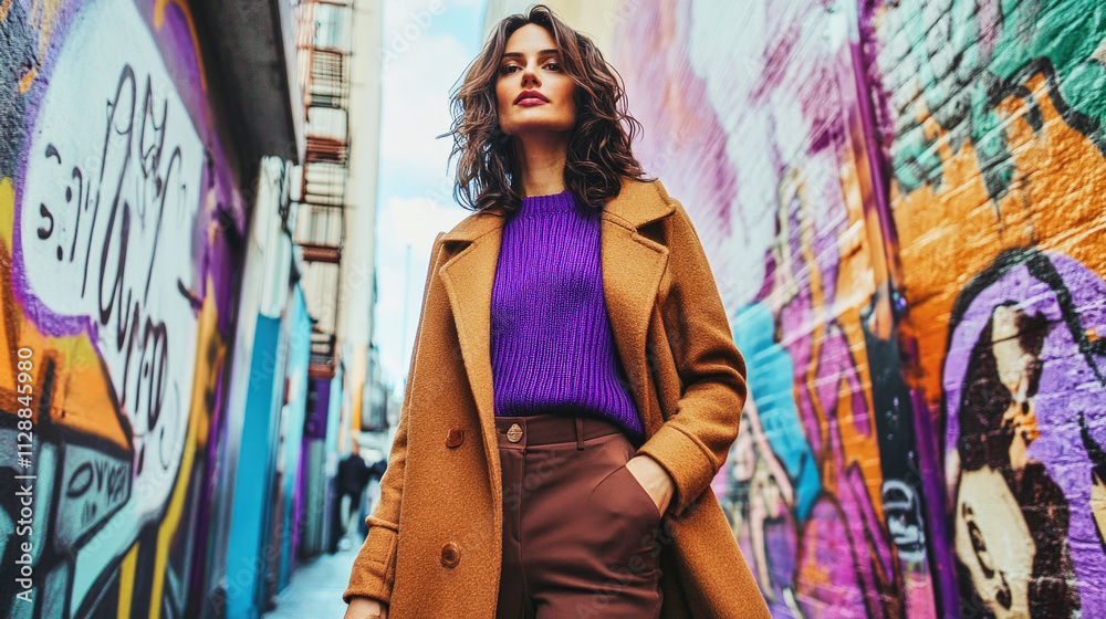 Naklejka premium Artistic woman explores vibrant art district wearing mocha mousse coat and purple sweater