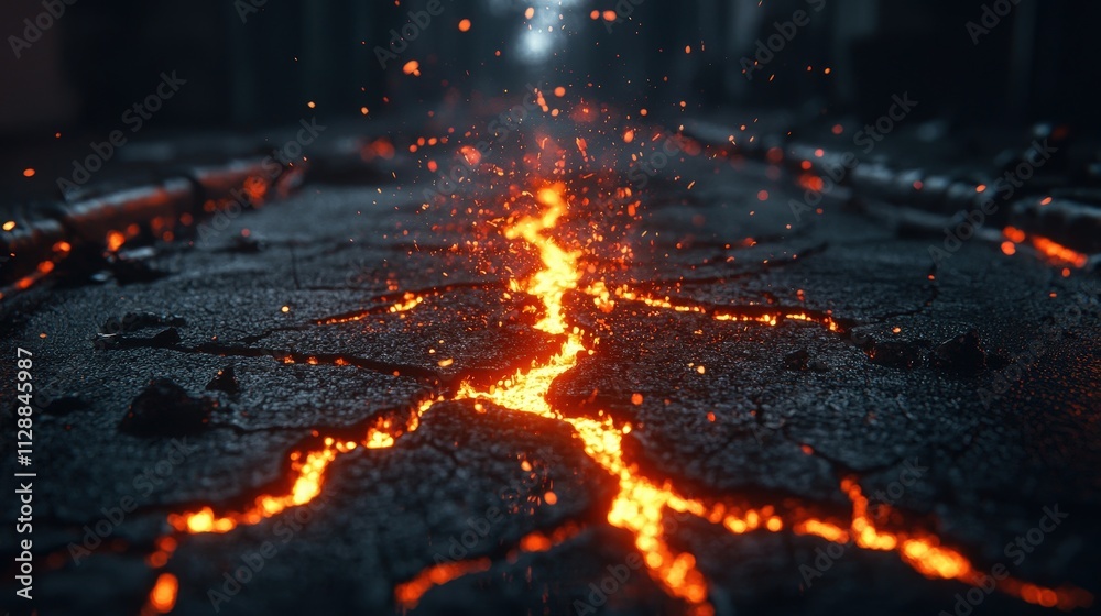 A black and orange lava flow with a bright orange glow A black and orange lava flow with a bright orange glow