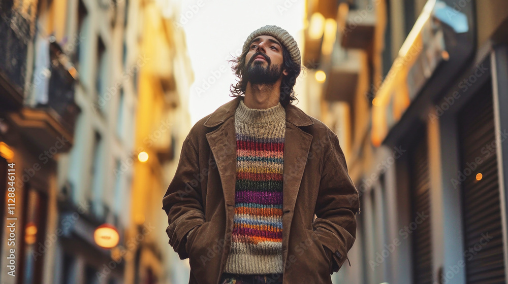 Boho-chic man exploring artistic city streets at dusk in mocha mousse coat Boho-chic man exploring artistic city streets at dusk in mocha mousse coat