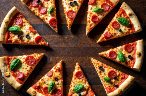frame for text made from slices of pizza, wood table background