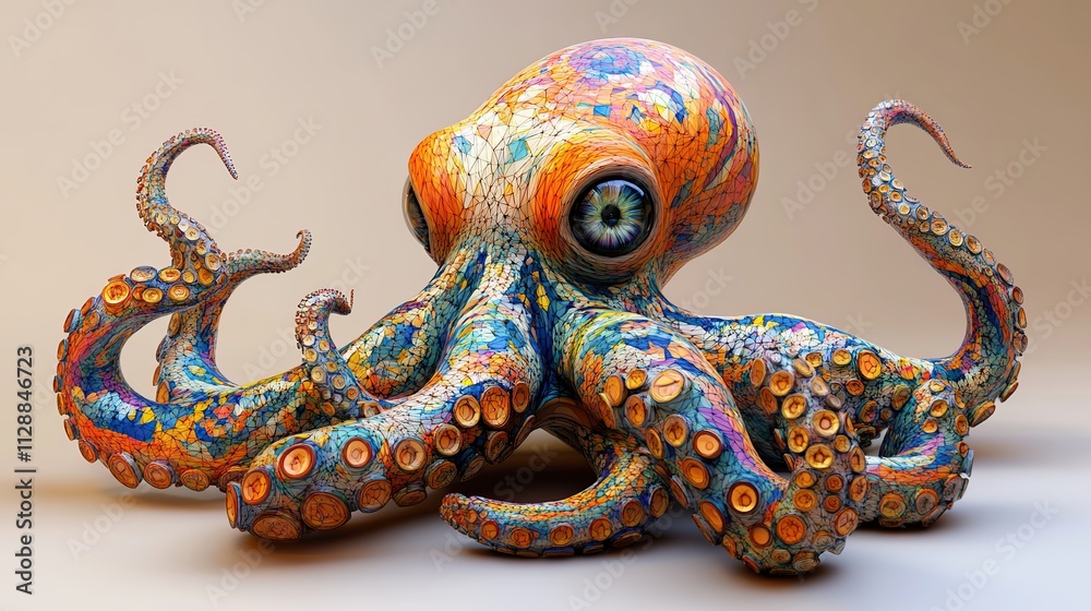A colorful, artistic depiction of an octopus with vibrant patterns and textures. A colorful, artistic depiction of an octopus with vibrant patterns and textures.