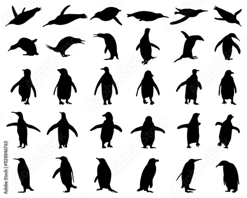 Black silhouettes of penguins on a white background	