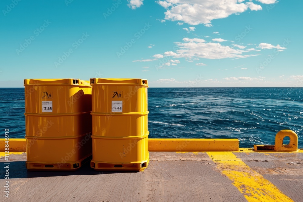 Bright Yellow Drums on a Dock Against Calm Blue Ocean Under Clear Sky Bright Yellow Drums on a Dock Against Calm Blue Ocean Under Clear Sky