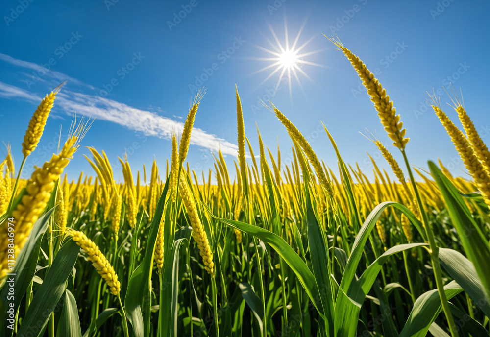 Fototapeta premium A mid-range shot of a field of millet swaying gently in the breeze. The millet is a uniform green, with the stalks bending gracefully in the wind. The sun casts long shadows across the field