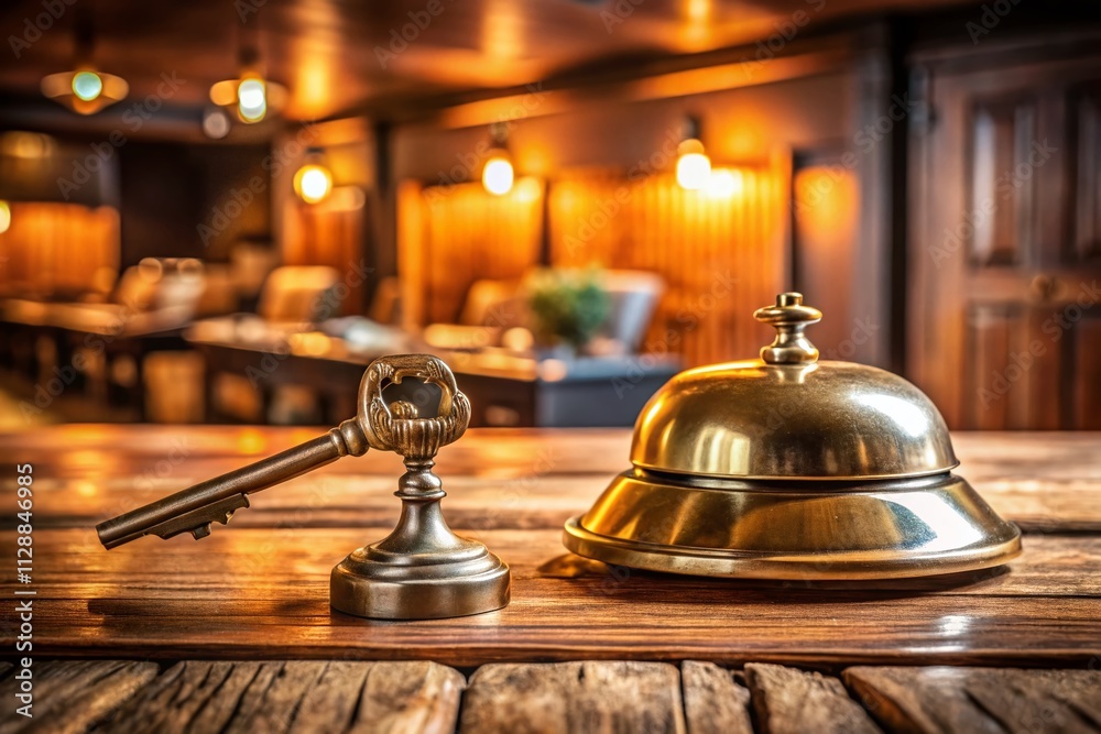 Close-up of a Room Access Key and a Bell on a Wooden Reception Desk, Capturing the Essence of Hospitality and Welcoming Atmosphere in a Cozy Hotel Environment Close-up of a Room Access Key and a Bell on a Wooden Reception Desk, Capturing the Essence of Hospitality and Welcoming Atmosphere in a Cozy Hotel Environment