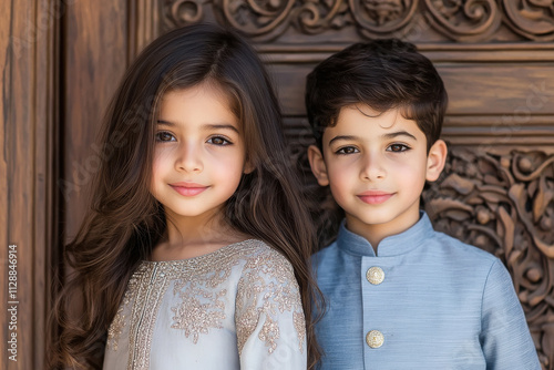 happy brother and sister wearing traditional cloths photo