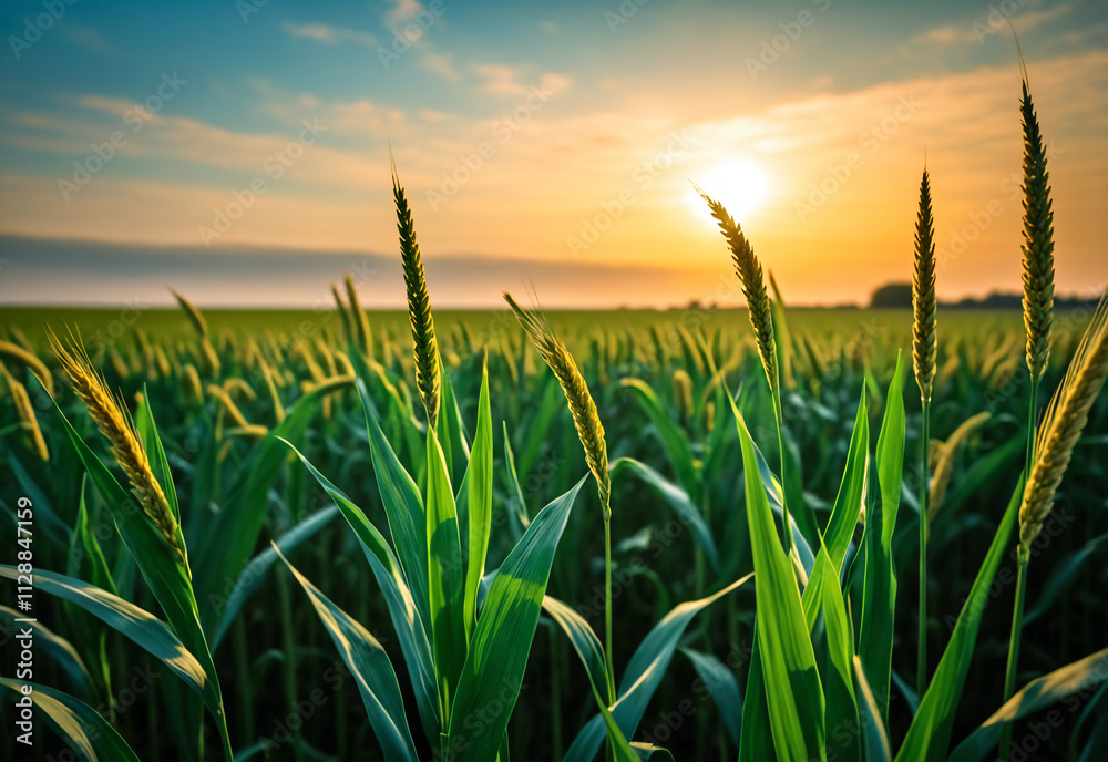Fototapeta premium A mid-range shot of a field of millet swaying gently in the breeze. The millet is a uniform green, with the stalks bending gracefully in the wind. The sun casts long shadows across the field