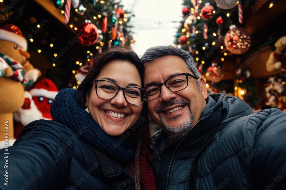 Happy couple enjoys festive atmosphere while taking a selfie in a decorated market Happy couple enjoys festive atmosphere while taking a selfie in a decorated market