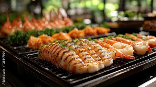 Grilled seafood platter with various kinds of seafood dishes, including grilled fish, shrimps, and shellfish, displayed on a hot plate buffet.