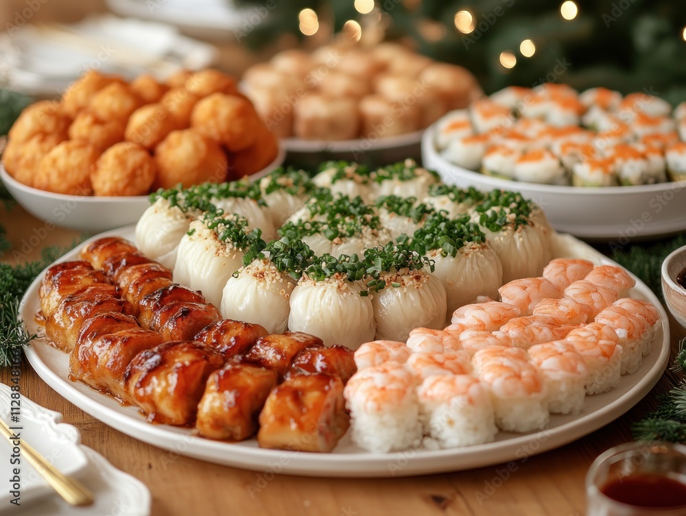 Festive platter of assorted Asian appetizers including dumplings, sushi, and shrimp. Festive platter of assorted Asian appetizers including dumplings, sushi, and shrimp.