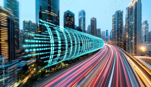 minimal photostock of a  Highway flyover with binary code numbers on motion blurred asphalt  road , speed and faster digital matrix technology information concept