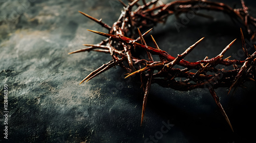 The crown of thorns of Jesus displayed against a black background, illuminated by window light, ideal for a Christian-themed Easter concept.