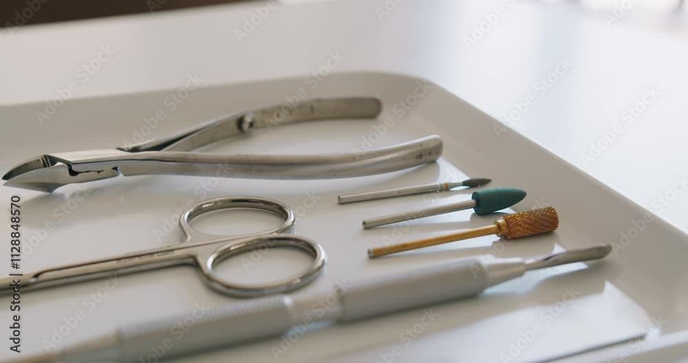 Sterile professional manicure tools on tray prepared for nail care procedure at beauty salon. Cuticle stainless steel pusher, nippers, scissor and nozzles. Instruments for fingernail treatment. Sterile professional manicure tools on tray prepared for nail care procedure at beauty salon. Cuticle stainless steel pusher, nippers, scissor and nozzles. Instruments for fingernail treatment.