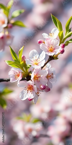 Cherry blossom branch with vibrant pink flowers against a blurred background in springtime sunlight