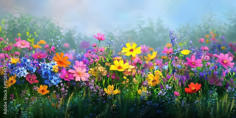 Fototapeta premium Vibrant Spring Meadow Colorful Cosmos Wildflowers