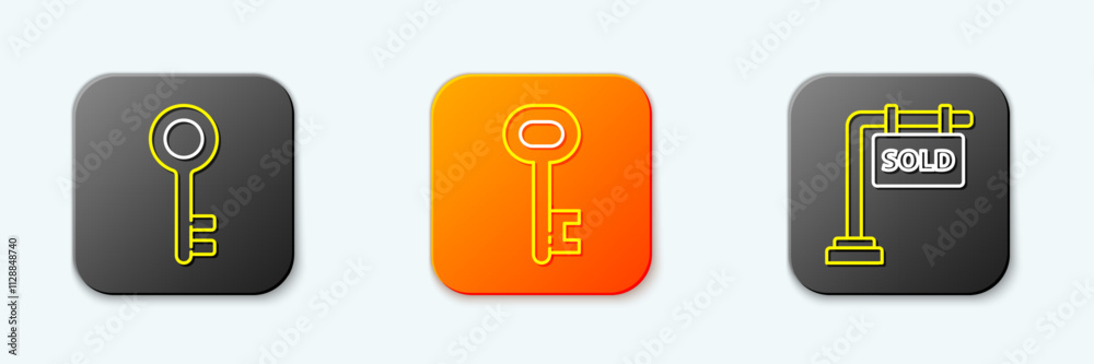 Set line House key, and Hanging sign with Sold icon. Vector Set line House key, and Hanging sign with Sold icon. Vector