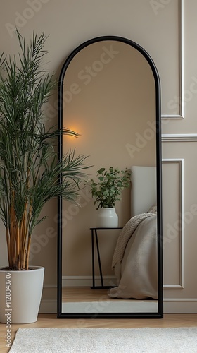 Interior of a modern apartment, mirror and plant. photo