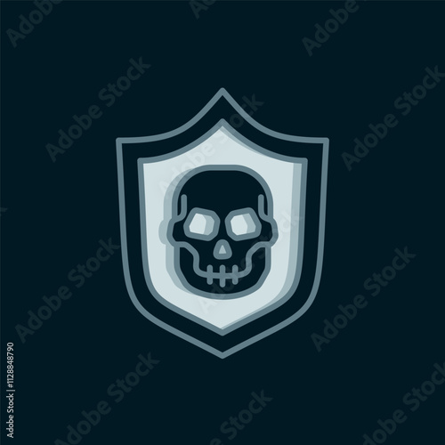 Line Shield with pirate skull icon isolated on black background. Flat filled outline style with shadow. Vector