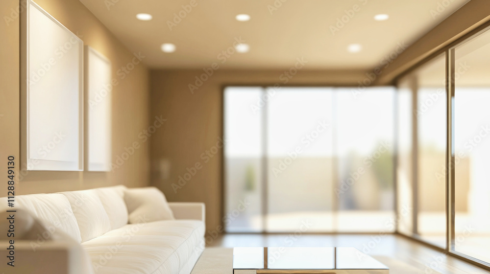 Fototapeta premium Elegant minimalist living room in mocha mousse colors enhances serene simplicity